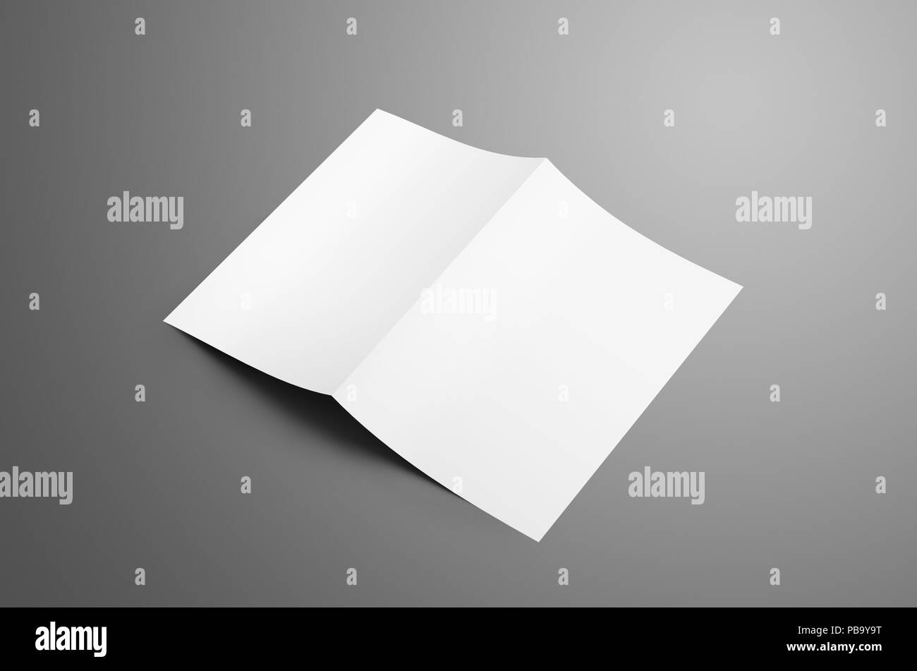 Universal uno sbozzato A4, (A5) bi-fold brochure con le ombre morbide isolato su sfondo grigio. Il libretto è ruotato verso il basso apre e mostra la parte anteriore di un Foto Stock