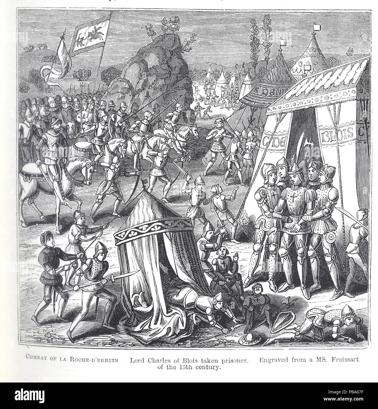 Illustrazione dal titolo "Lotta di La Roche-D'Errein, Lord Charles di Blois preso prigioniero, inciso da una MS. Froissart del xv secolo" Foto Stock