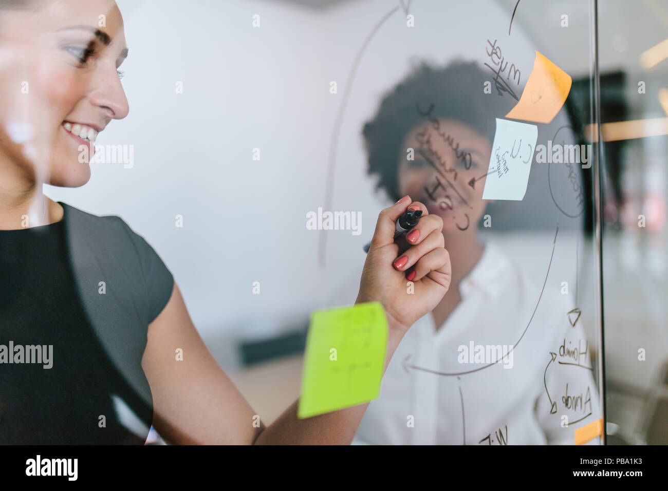 I dirigenti di sesso femminile in piedi in ufficio dietro la parete in vetro con sticky notes. I professionisti di discutere e scrivere su parete in vetro nella riunione roo Foto Stock