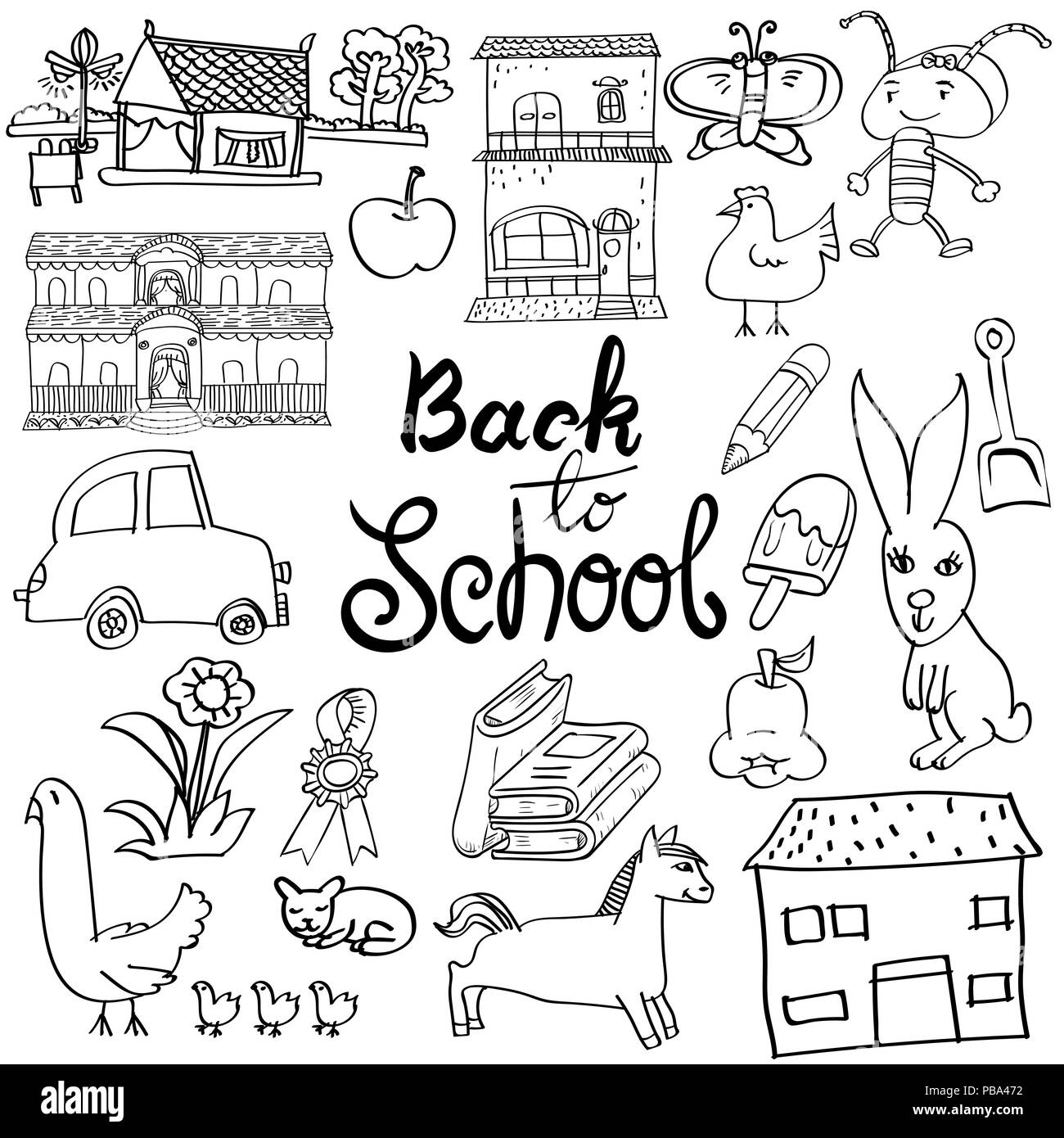 Si torna a scuola Cartoon doodle, per la scuola e istruzione scarabocchi - disegnato a mano illustrazione vettoriale. Illustrazione Vettoriale