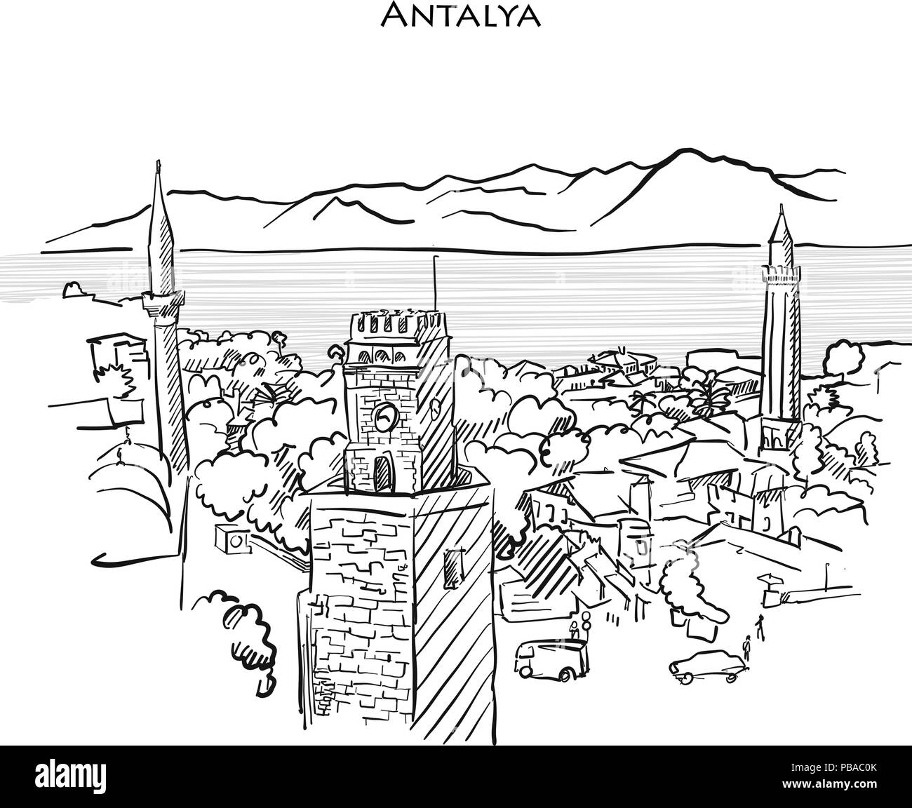 Antalya Travel Sketch. Disegnate a mano illustrazione vettoriale di Antalya, old town. Illustrazione Vettoriale