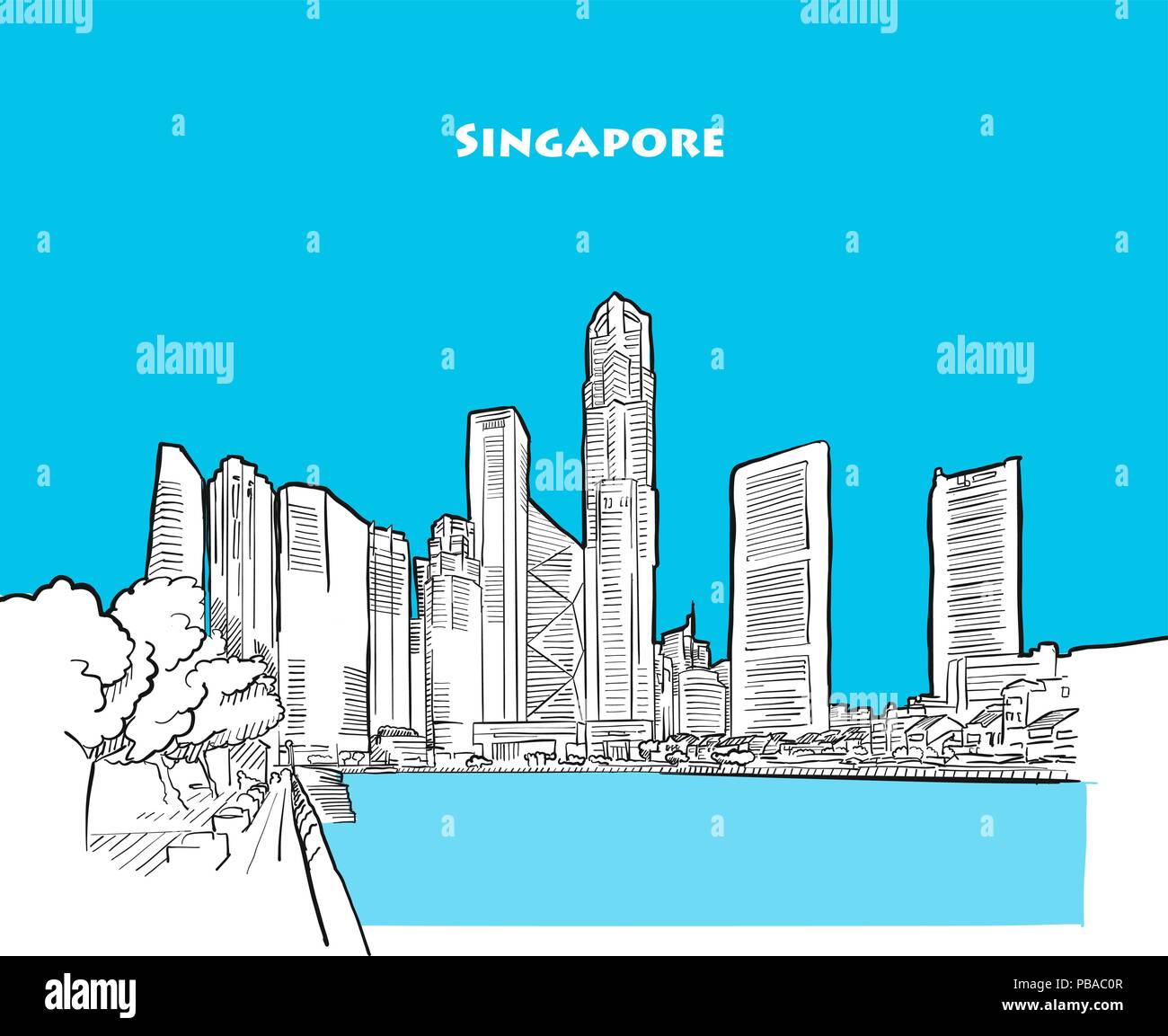 Disegno di Singapore downtown. Due tonalità disegnati a mano disegno vettoriale. Illustrazione Vettoriale