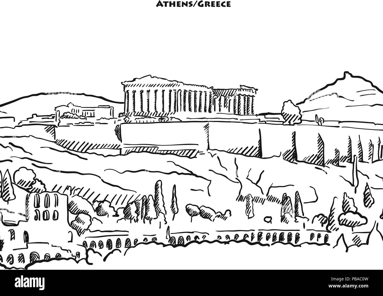 Disegno di Atene acroplolis. Disegnate a mano disegno vettoriale del famoso Partenone. Illustrazione Vettoriale