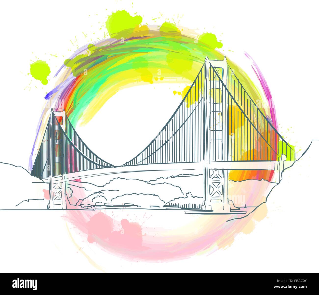 Punto di riferimento colorato del Golden Gate Bridge vicino a San Francisco. Disegnate a mano disegno vettoriale. Illustrazione Vettoriale