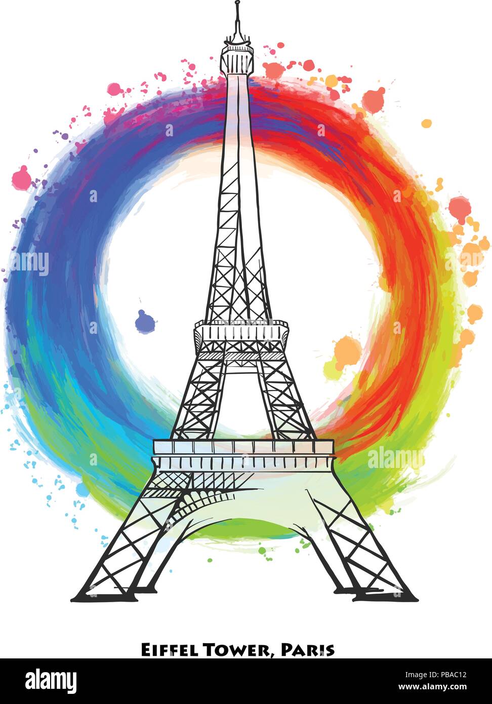 Parigi Torre Eiffel disegno. Disegnate a mano vecor sketch con sfondo colorato spruzzi. Punto di riferimento di viaggio Illustrazione Vettoriale