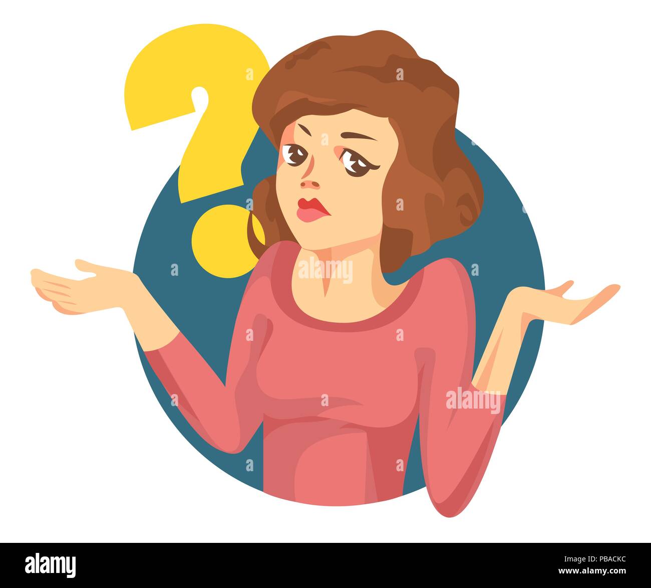 Donna del vettore con un punto interrogativo. Ragazza dubbi. 'Non so' espressione Illustrazione Vettoriale
