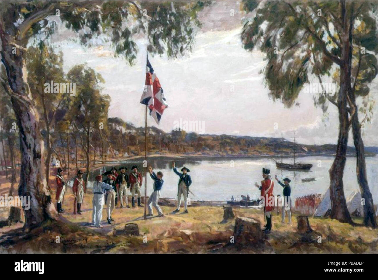ARTHUR PHILLIP (1736-1814) comandante della Prima Flotta, solleva la bandiera a Sydney Cove,Port Jackson, 26 Gennaio 1788,che istituisce la prima colonia penale in Australia. Foto Stock