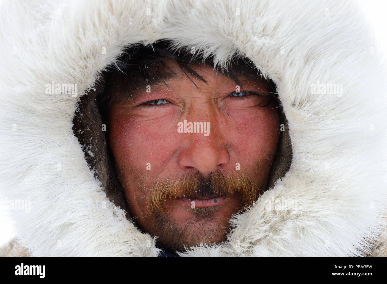 Sergueï Chorolya, renne Nenet herder caldamente vestito di renne pelliccia. Distretto Yar-Sale, Yamal, a nord-ovest della Siberia, Russia. Aprile 2016. Foto Stock