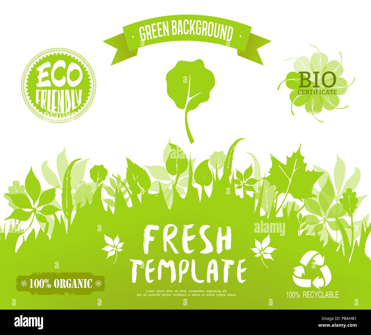 100% organico, eco friendly, bio certificato, etichette riciclabili.verde bosco silhouette sullo sfondo. Banner di vettore, brochure o un modello di pagina web. Gree Illustrazione Vettoriale