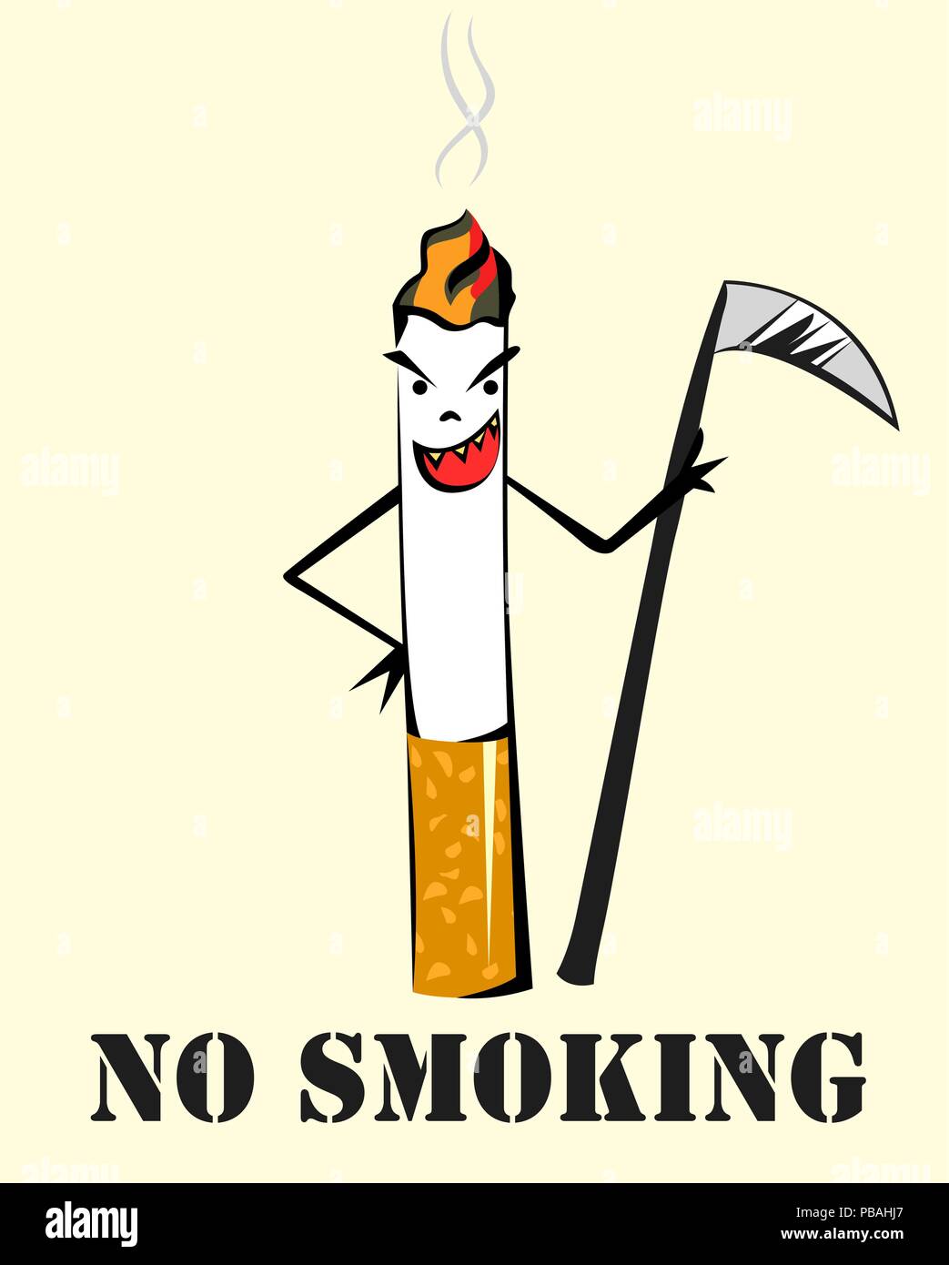 Non fumare segno del vettore. Male il carattere di sigarette con la falce. Fumetti in stile cartone animato Illustrazione Vettoriale