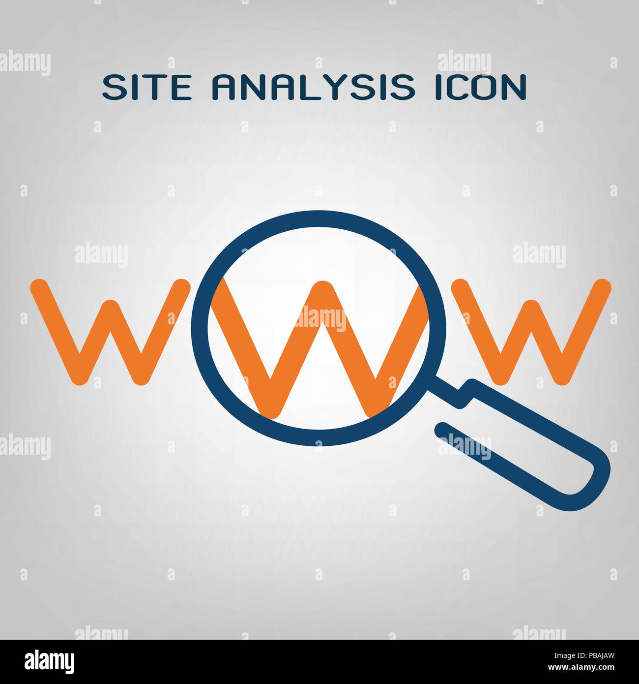 Linea piatta analisi sito icona. SEO (search engine optimization) scansione. Blu laconica e linee di colore arancione su sfondo grigio. Vettore isolato oggetto Illustrazione Vettoriale