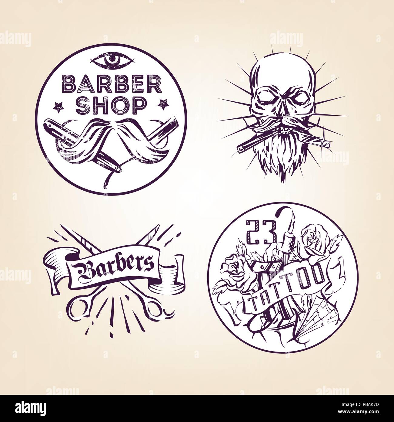 Retrò barbieri e salone di tatuaggi emblemi del vettore, badge, segni, Adesivi formato. In stile vecchia scuola illustrazioni di inchiostro Illustrazione Vettoriale