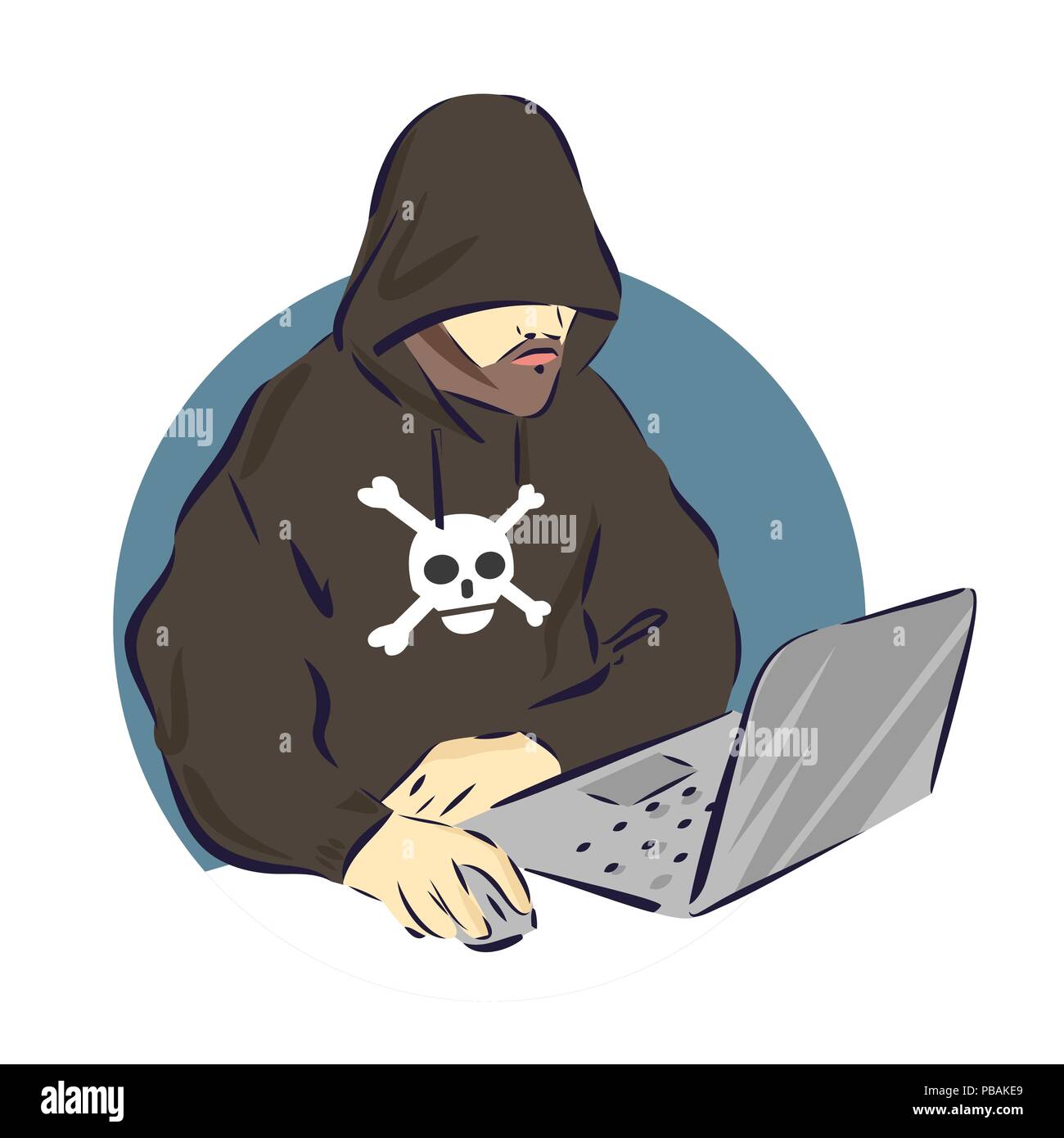 Hacker su laptop icona, cartoon segno penale, illustrazione vettoriale Illustrazione Vettoriale