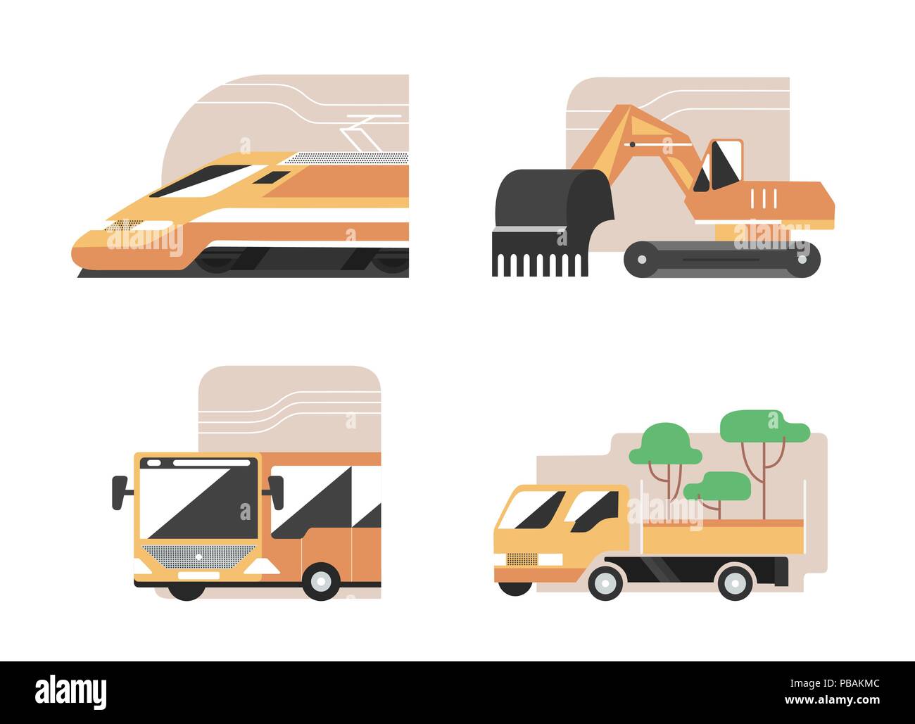 Serie di macchine. Treno ad alta velocità, escavatore bus pubblico, raccoglitore di giardinaggio. In stile appartamento icone vettoriali, comunali technics segni Illustrazione Vettoriale