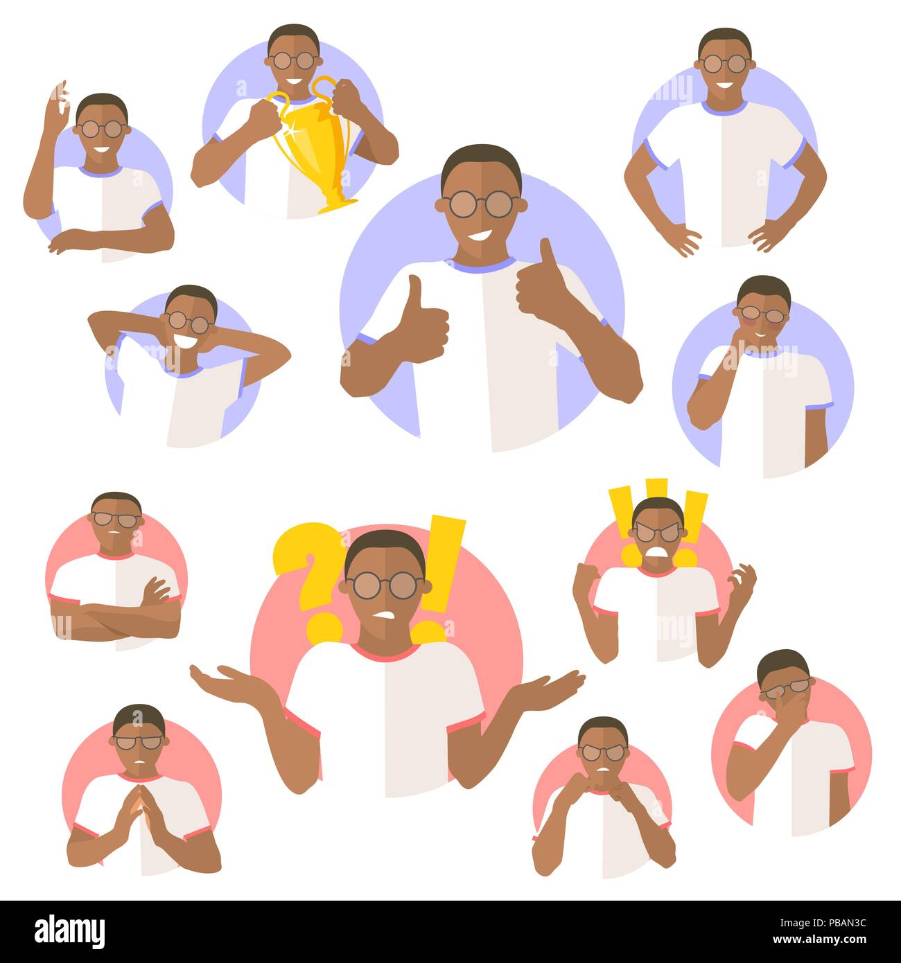 Set di vettore di uomo nero espressioni emotive, piatto icone del design Illustrazione Vettoriale
