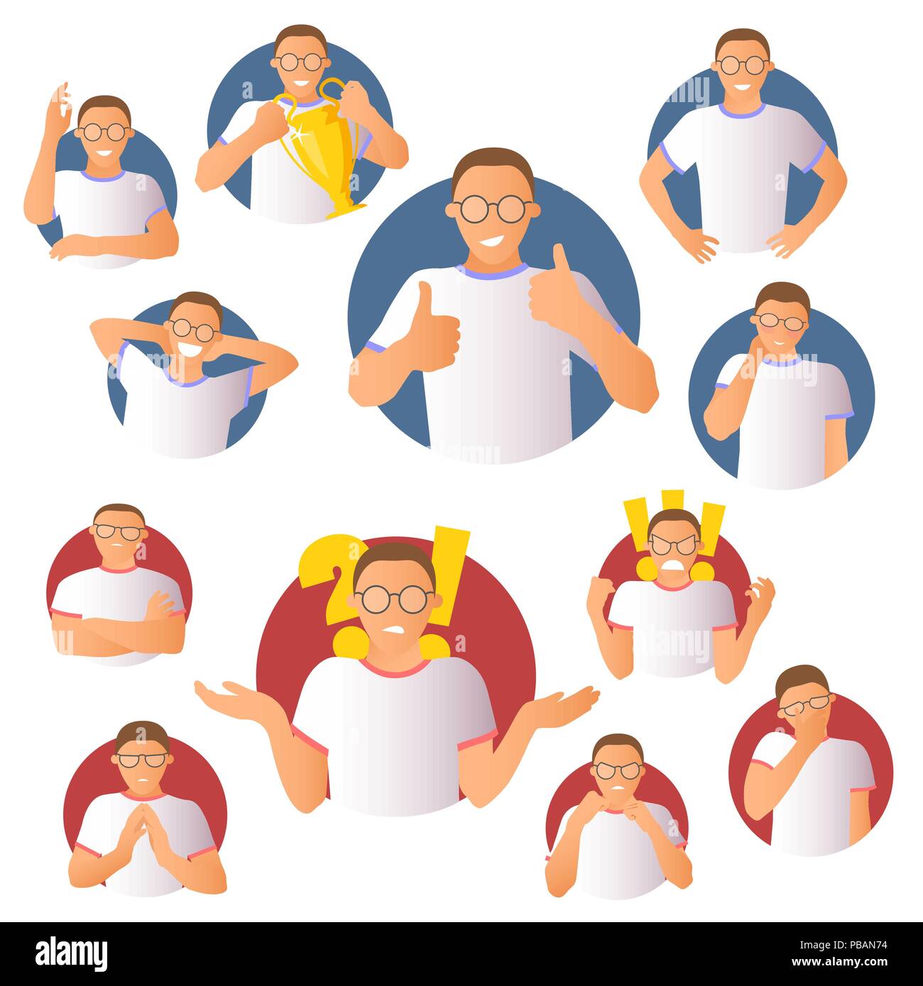 Set di vettore di uomo espressioni emotive, gradiente piatto icone del design Illustrazione Vettoriale