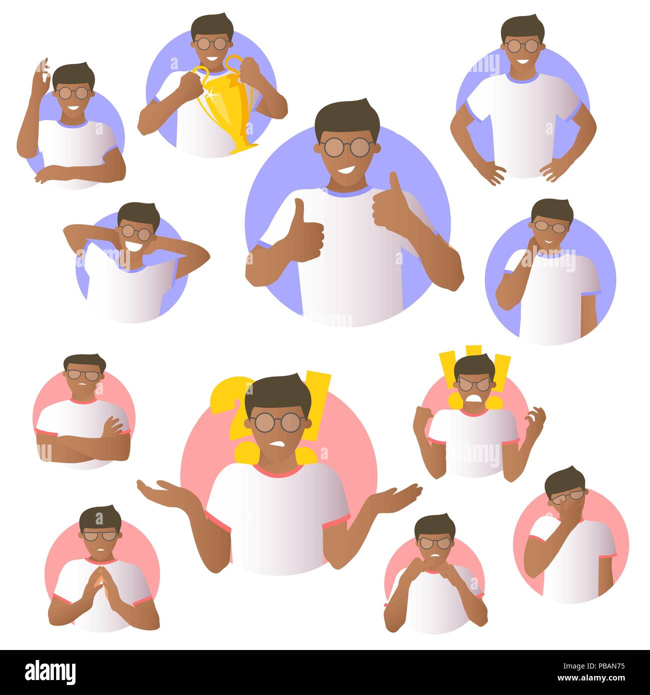 Set di vettore di uomo nero espressioni emotive, gradiente piatto icone del design Illustrazione Vettoriale