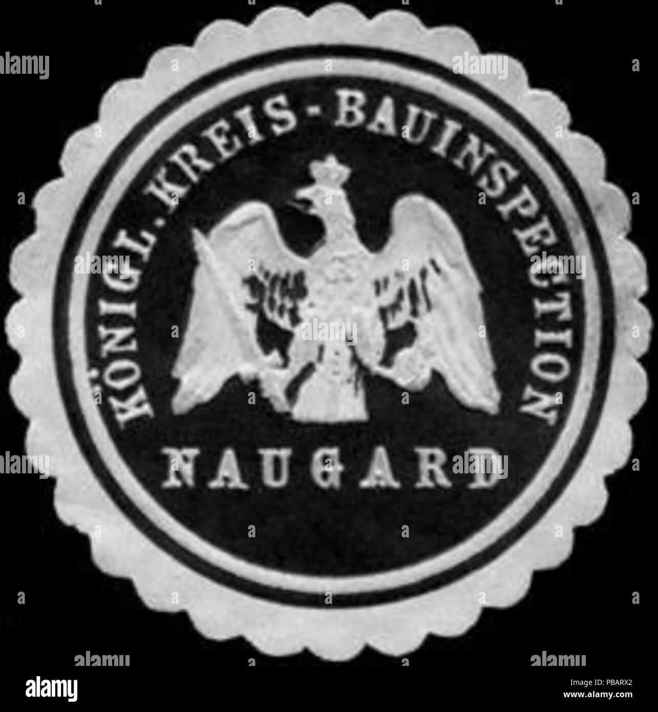 Alte Briefverschlussmarke aus Papier, welche seit ca. 1850 von Behoerden, Anwaelten, Notaren und Firmen zum verschliessen der Post verwendet wurde. 1469 Siegelmarke Königliche Kreis - Bauinspection Naugard W0233477 Foto Stock