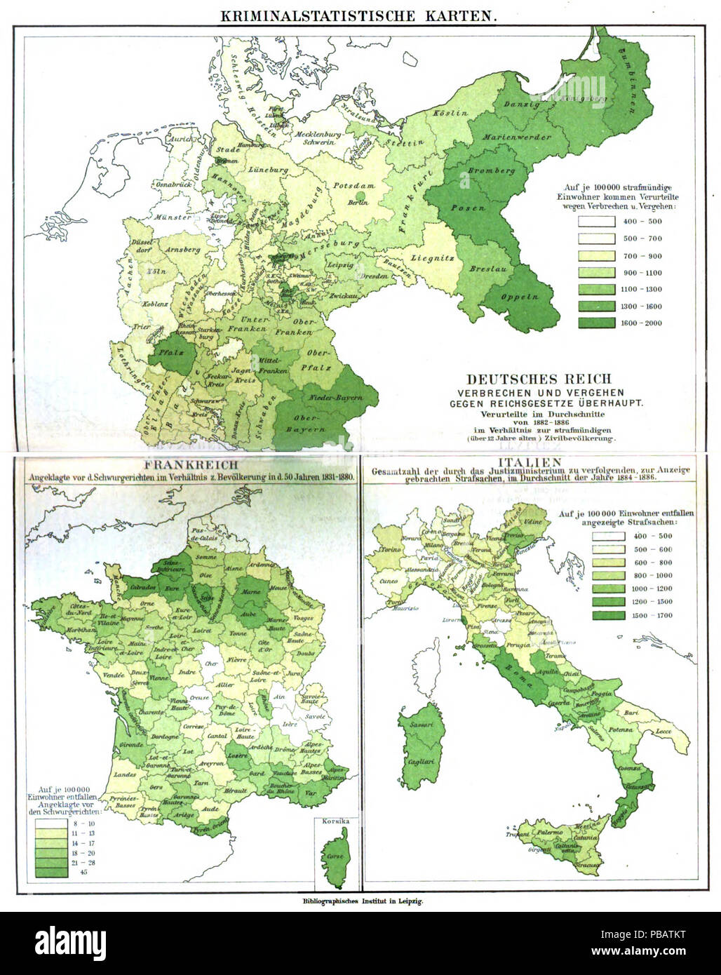 . Deutsch: "Kriminalstatistische Karten" zum Artikel "Kriminalität" oben: Deutsches Reich. Verbrechen und Vergehen gegen Reichsgesetze überhaupt. Im Verurteilte Durchschnitte von 1882-1886 im Verhältnis zur strafmündigen (über 12 Jahre alten) Zivilbevölkerung. links unten: Frankreich. Angeklagte vor d. Schwurgerichten im Verhältnis z. Bevölkerung in d. 50 Jahren 1831-1880. unten rechts: Italien. Gesamtzahl der durch das Justizministerium zu verfolgenden, zur Anzeige gebrachten Strafsachen, im Durchschnitt der Jahre 1884-1886. . Da 1885 fino al 1890 1032 Meyers b18 s0533a Foto Stock