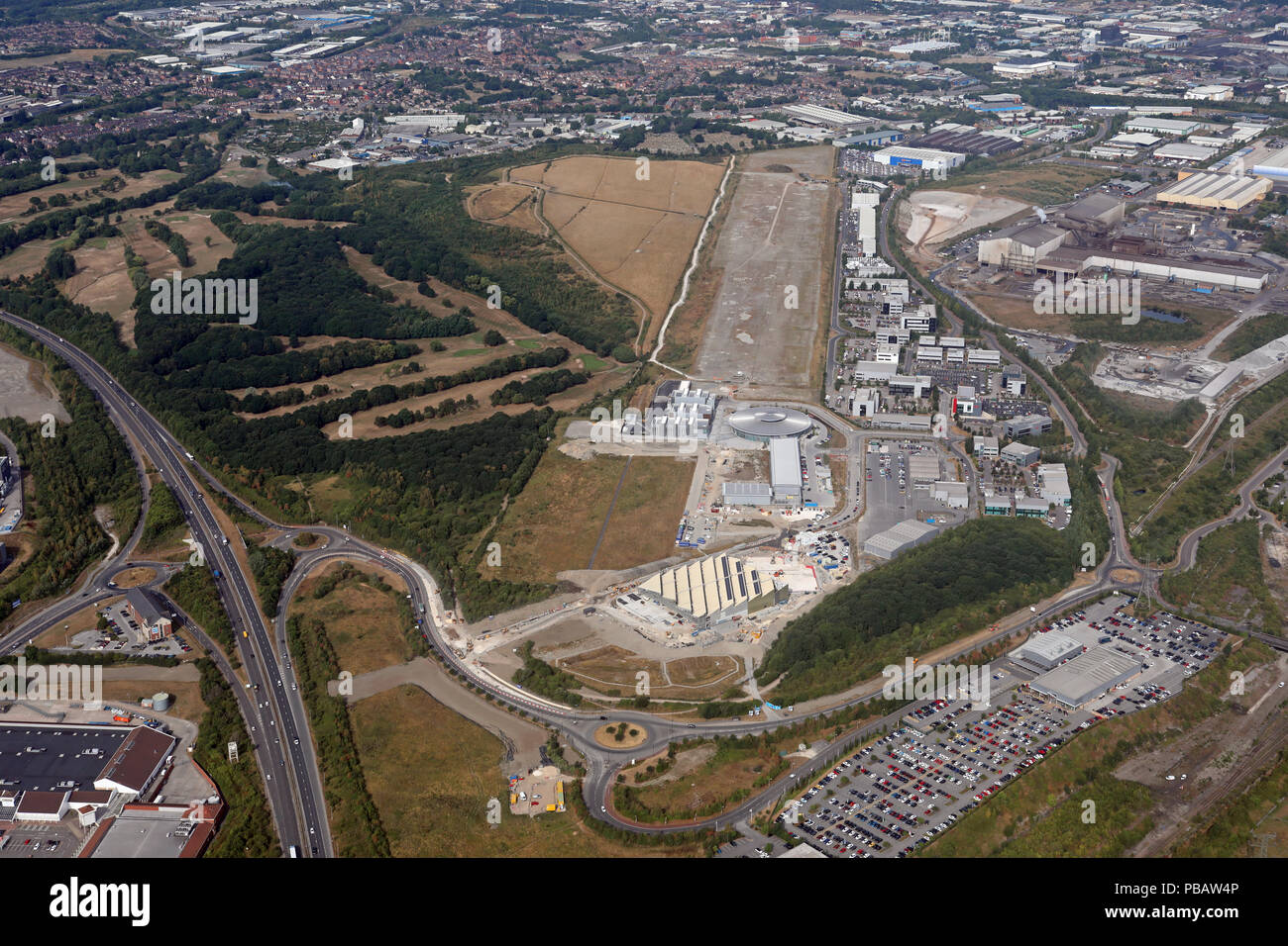 Vista aerea di Sheffield Business Park sul sito dell'ex Sheffield City Airport, Regno Unito Foto Stock