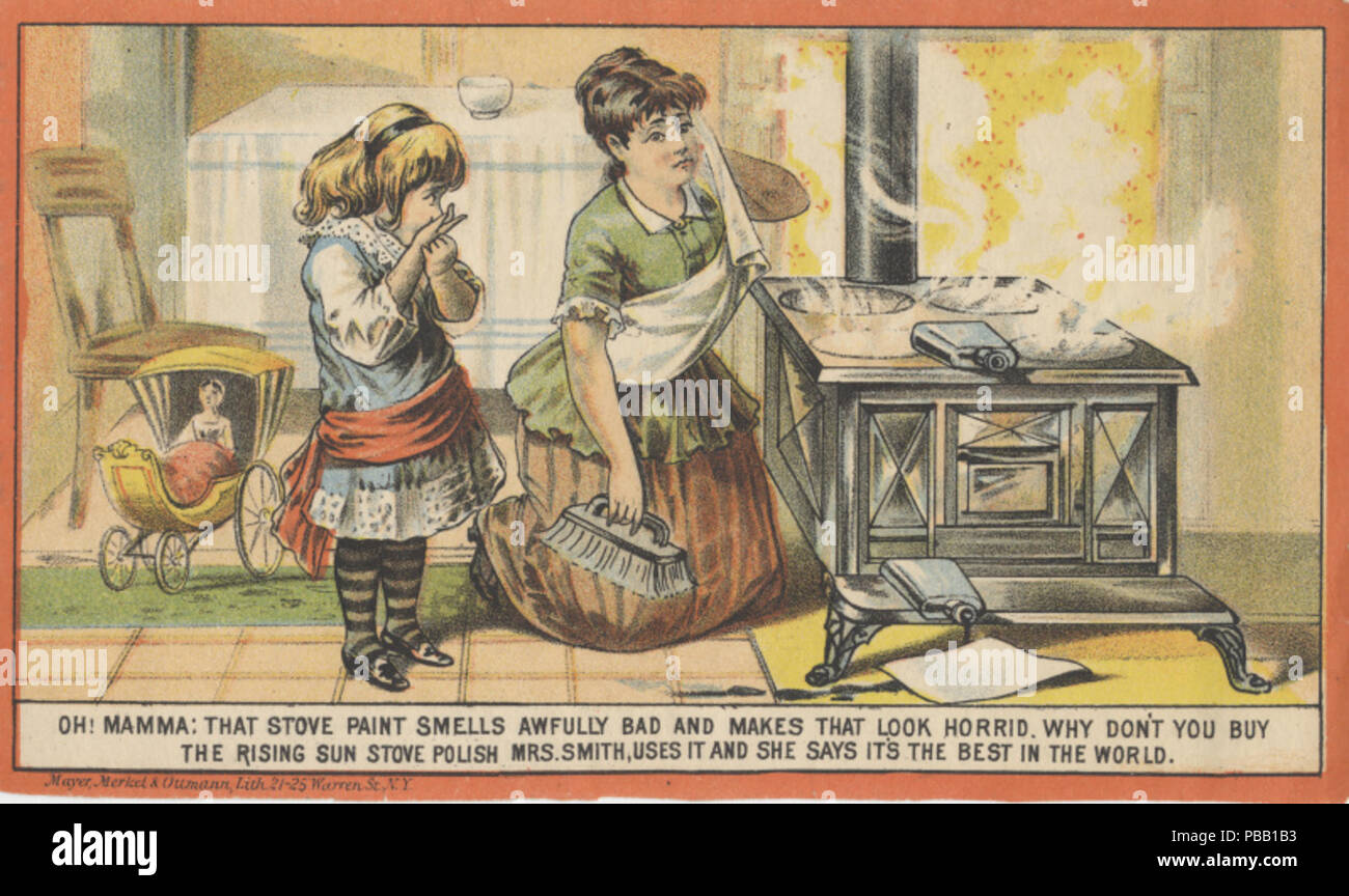 . Inglese: persistente URL: digital.lib.muohio.edu/u?/tradecards,1652 soggetto (TGM): bambini; i bambini e gli adulti; madri; vita domestica; casalinghe; lavori di casa; Pulizia; stufe; cartoni animati (commento); parole chiave: Rising Sun stufa polacco . circa 1900 1059 Morse Bros. (Titolare) (3092815137) Foto Stock