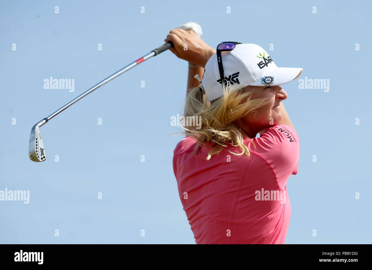 La svedese Anna Nordqvist sul diciassettesimo tee durante il secondo giorno dell'Aberdeen Standard Investments Ladies Scottish Open 2018 al Gullane Golf Club. STAMPA ASSOCIAZIONE Foto, Foto data: Venerdì 27 luglio 2018. Il credito fotografico dovrebbe essere: Jane Barlow/PA Wire. Foto Stock