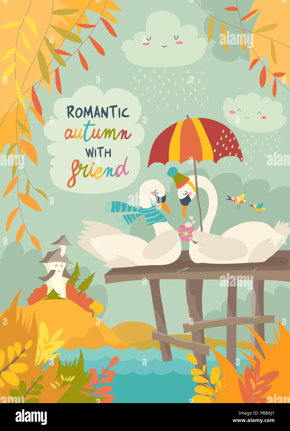 Carino romantico cigni in autunno park Illustrazione Vettoriale