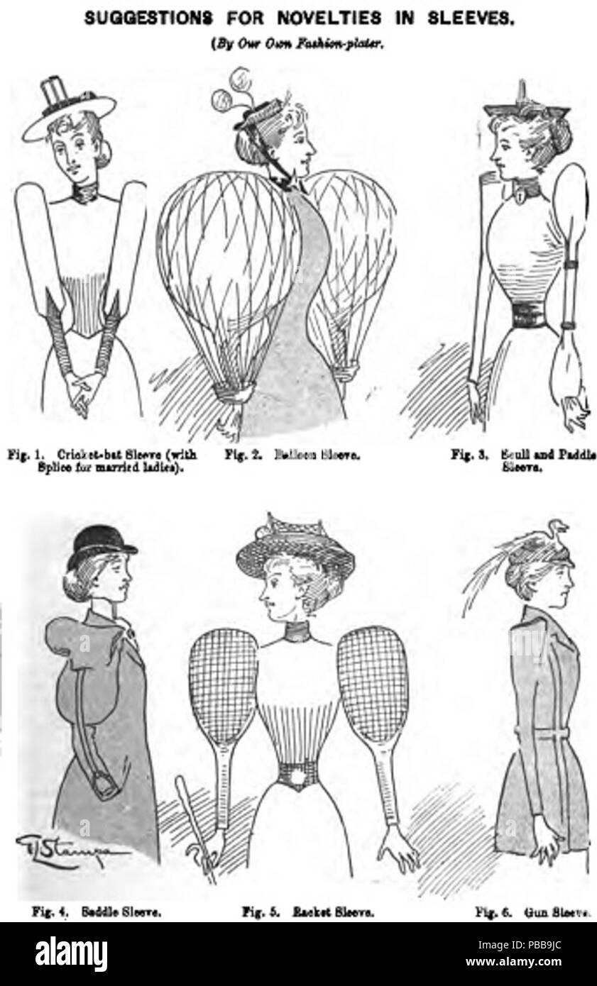 . Cartoon lampooning era vittoriana di moda femminile da (1895-12-28). 'Punch: o il London Charivari'. Errore: ufficiale= non dichiarato CIX: 264. Londra: Bradbury, Agnew, & Co. LD., stampanti.. 1895 1120 Novità in manicotti (Punch magazine cartoon 1895) Foto Stock