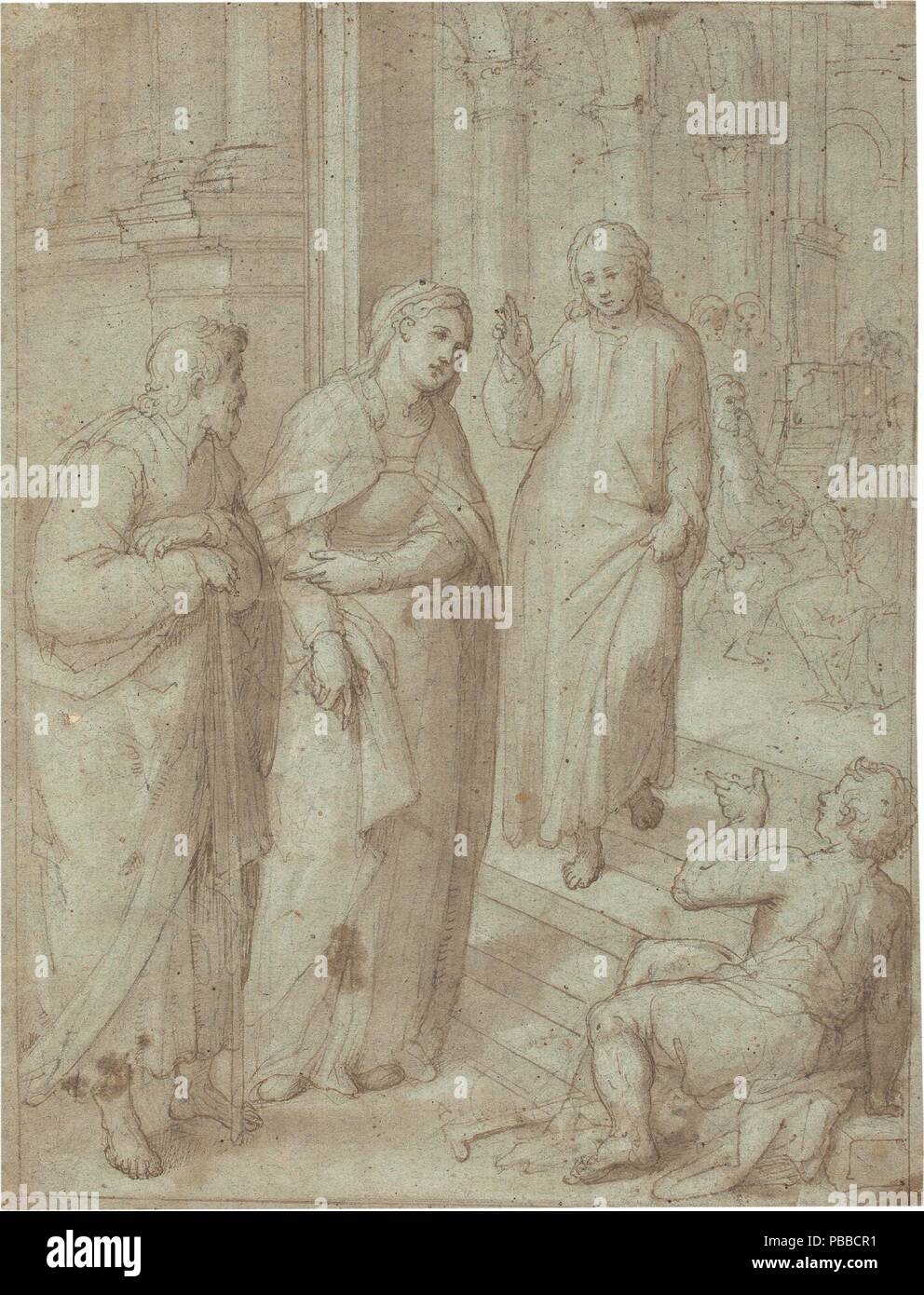 Giovanni Balducci / " Il Cristo giovanile lasciando il tempio dopo la sua disputa con i dottori; accompagnati dalla Vergine Maria e San Giuseppe". Nel primo terzo del XVII secolo. Lavaggio, filo bianco, a penna, suolo, grigio-marrone di inchiostro sulla carta grigia. Museo : Museo del Prado di Madrid, España. Foto Stock