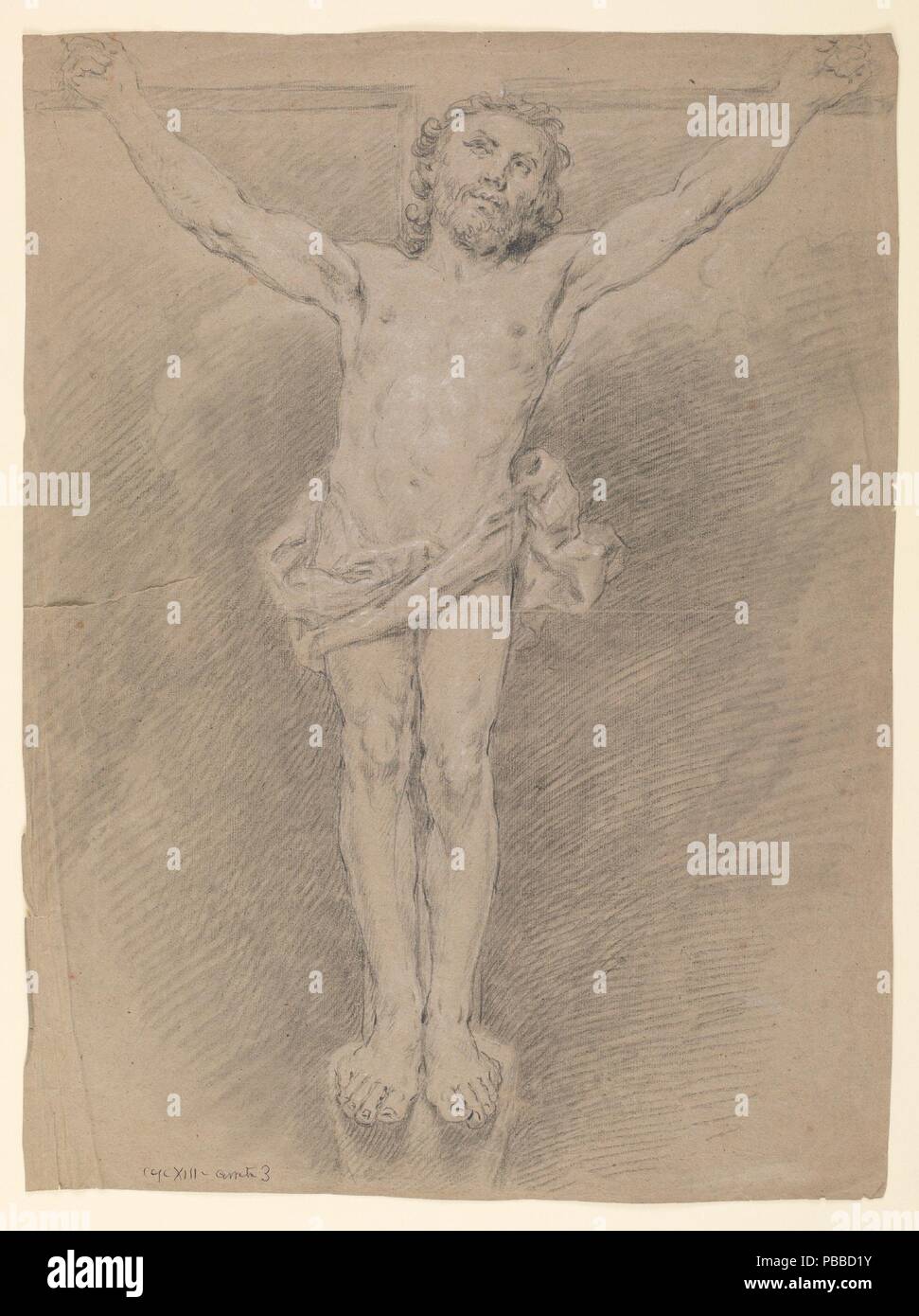 Anonimo / "Cristo crocifisso". Il XVIII secolo. Bianco gesso, il gesso nero su carta grigia. Museo : Museo del Prado di Madrid, España. Foto Stock