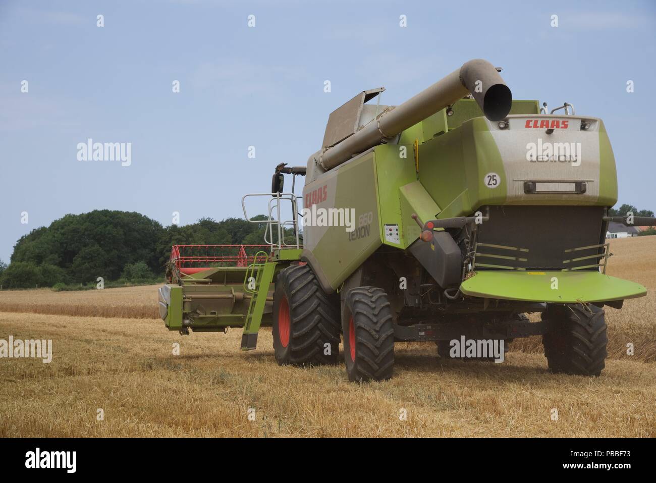 La raccolta di frumento: l'estate del 2018 e le colture di Pas-de-Calais sono quindici giorni di anticipo rispetto al normale, una raffica di attività deriva per raccogliere il grano Foto Stock