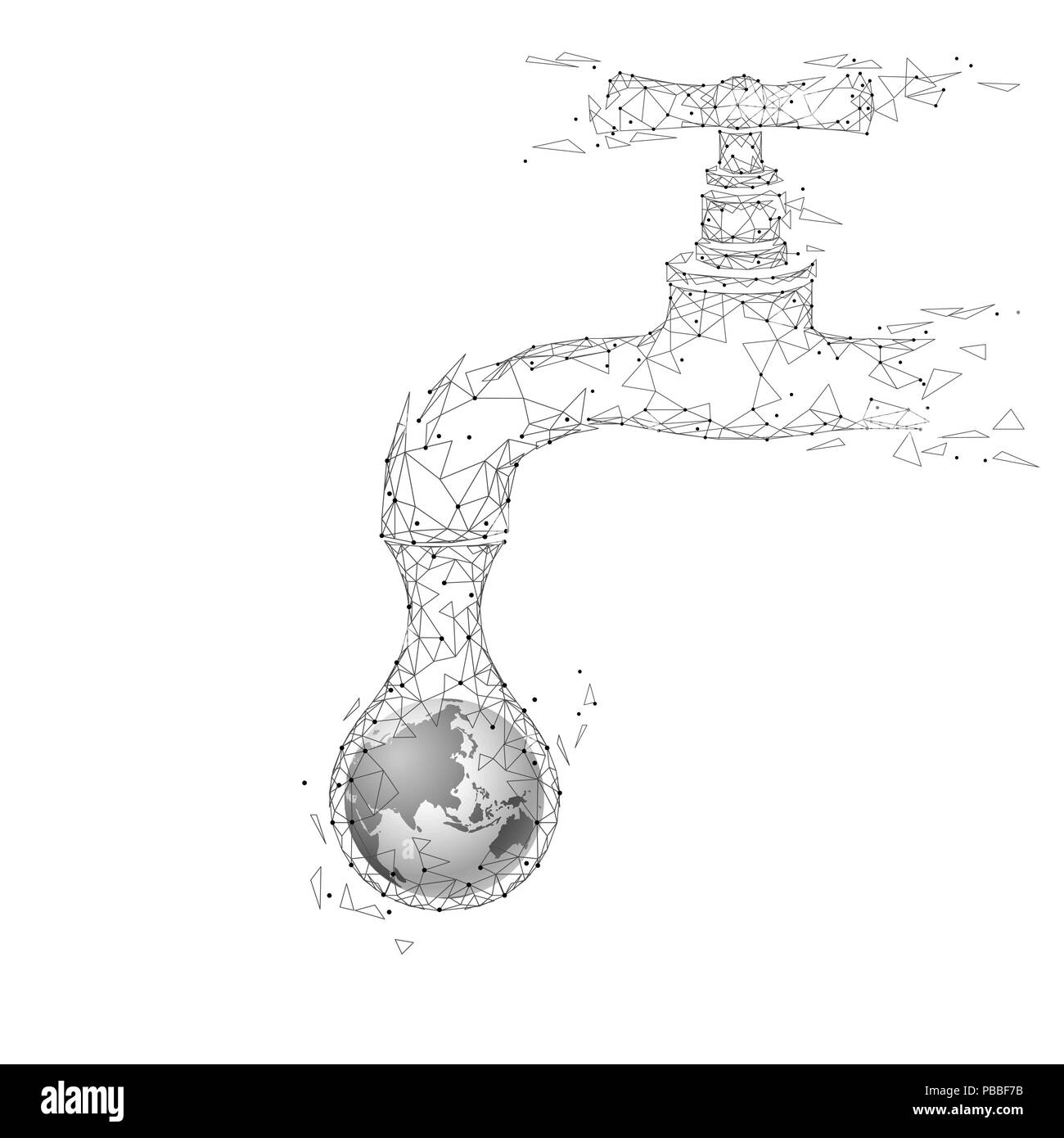 Risparmio di acqua bassa poli concetto. Triangolo poligonale ecologia pianeta oceano mare banner di sicurezza. Rubinetto acqua perdita di caduta di fissare la natura globale di cura per l ambiente giornata mondiale bianco grigio neutro illustrazione vettoriale Illustrazione Vettoriale