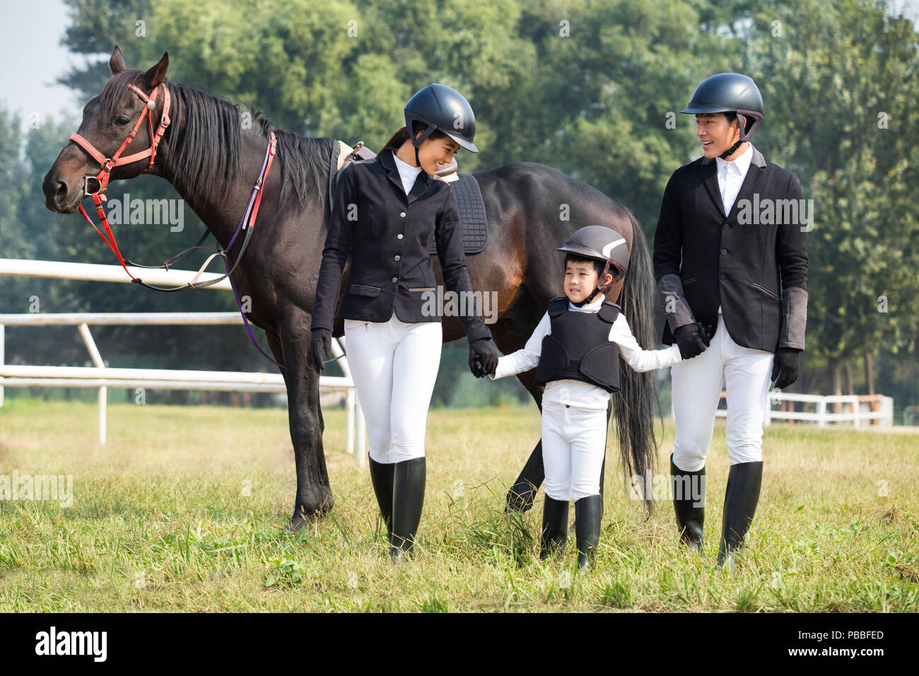 Giovane famiglia cinese con cavallo Foto Stock