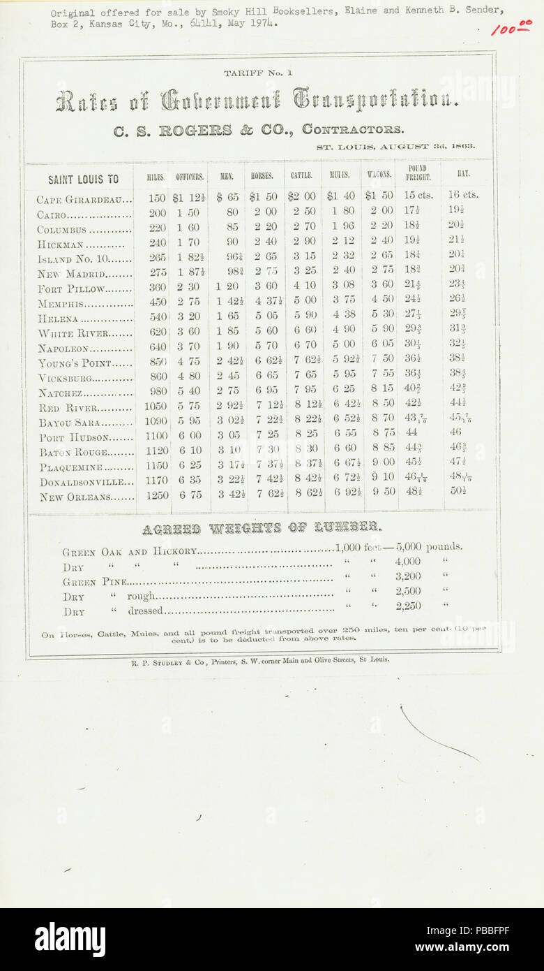 1189 Fotocopia della tariffa n. 1, le tariffe di trasporto del governo da San Luigi a vari punti, 3 Agosto 1863 Foto Stock