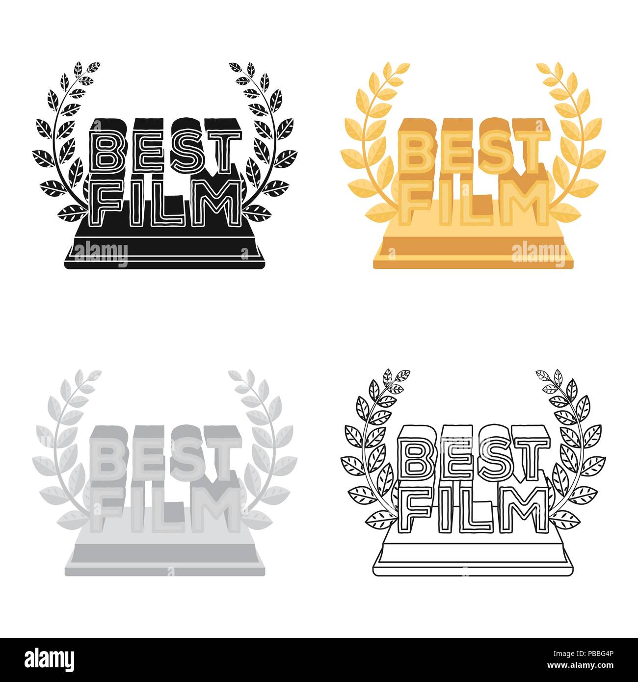 Statua dorata con una ghirlanda e iscrizione.Il premio per il miglior film.Movie awards unica icona in stile cartoon simbolo vettore stock web illustrazioni. Illustrazione Vettoriale