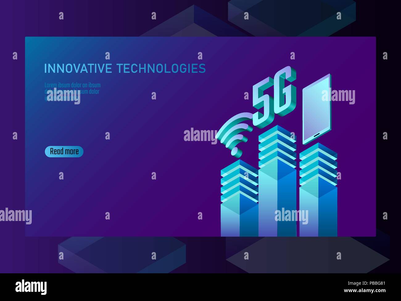 5G wireless di nuova connessione ad internet tramite wifi. Lo smartphone dispositivo mobile blu isometrica 3d piatta. Rete globale ad alta velocità di collegamento innovazione tasso di dati tecnologia carta bianca banner illustrazione vettoriale Illustrazione Vettoriale