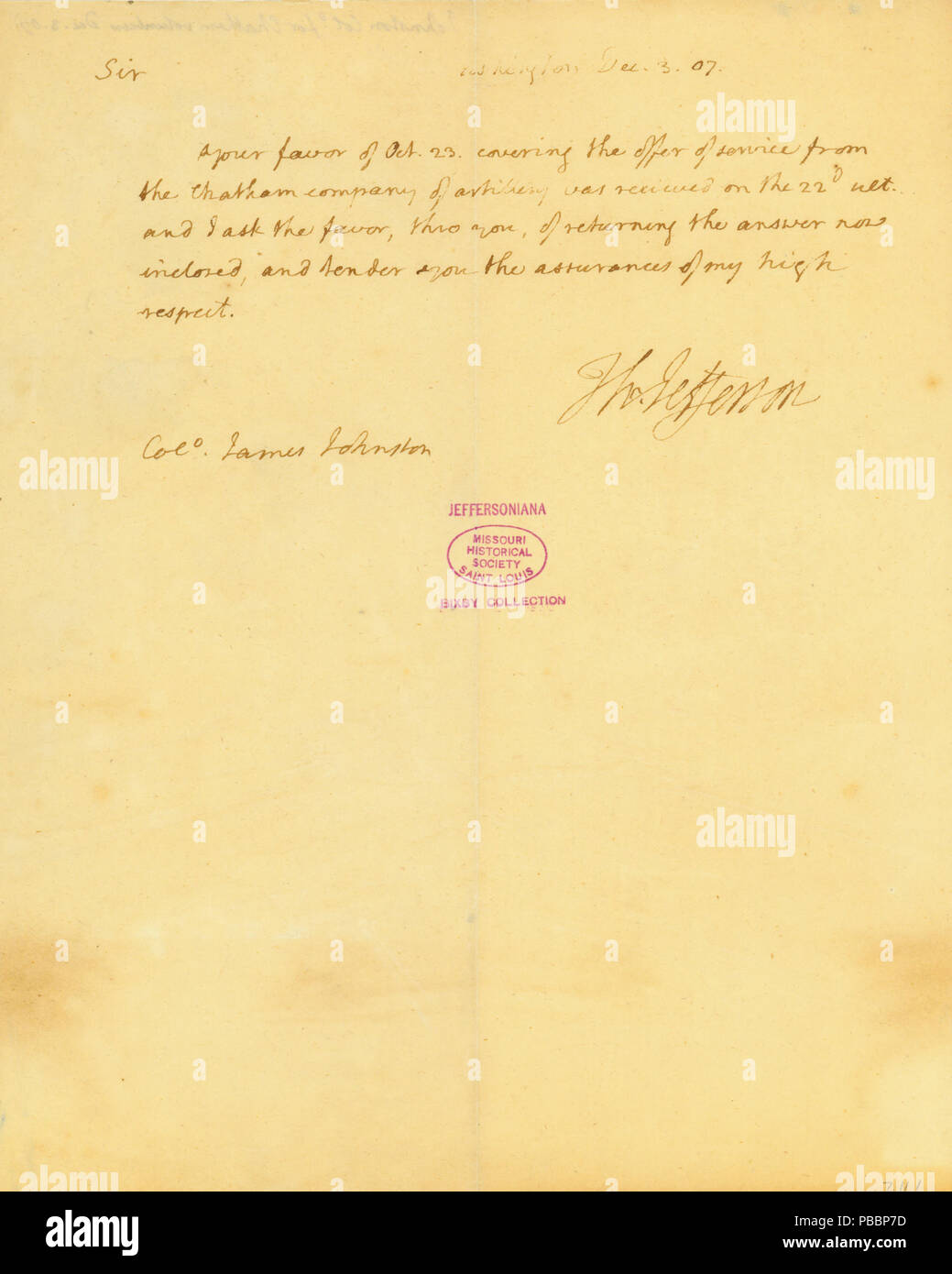 1120 Nota firmata Thomas Jefferson, Washington, al Col. James Johnston, 3 Dicembre 1807 Foto Stock