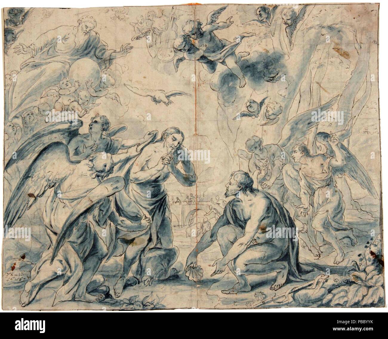 Pedro Ruiz González / "Battesimo di Cristo". 1667. Lavaggio blu, matita, inchiostro nero su giallo scuro, di cui la carta. Museo : Museo del Prado di Madrid, España. Foto Stock