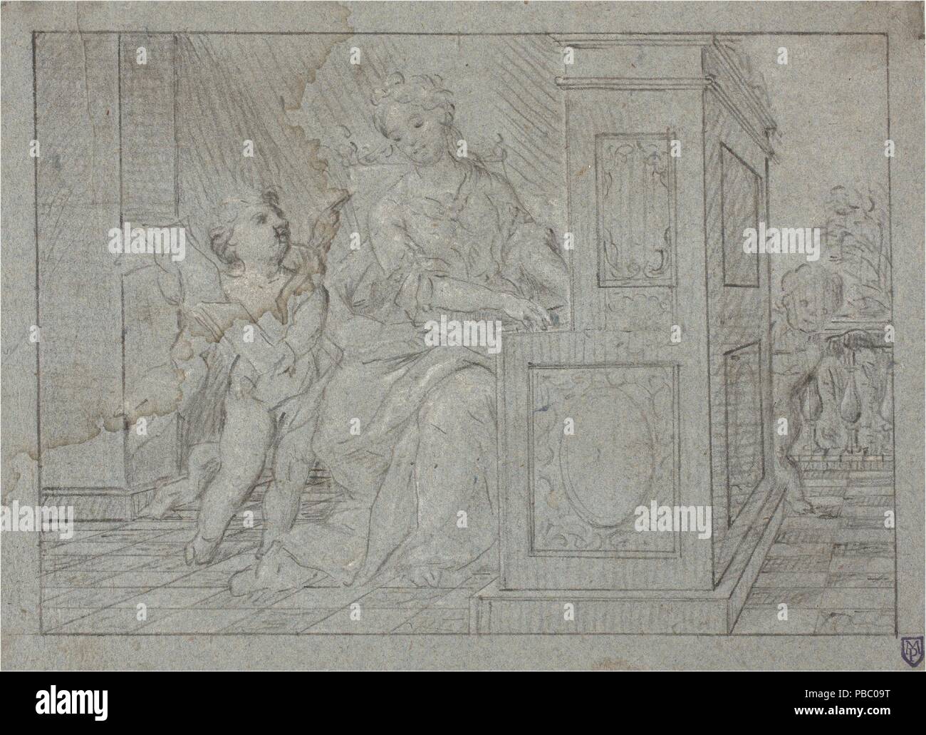 Anonimo / 'Saint Cecilia'. Nel primo terzo del XVIII secolo. Bianco gesso, il gesso nero su carta blu. Museo : Museo del Prado di Madrid, España. Foto Stock