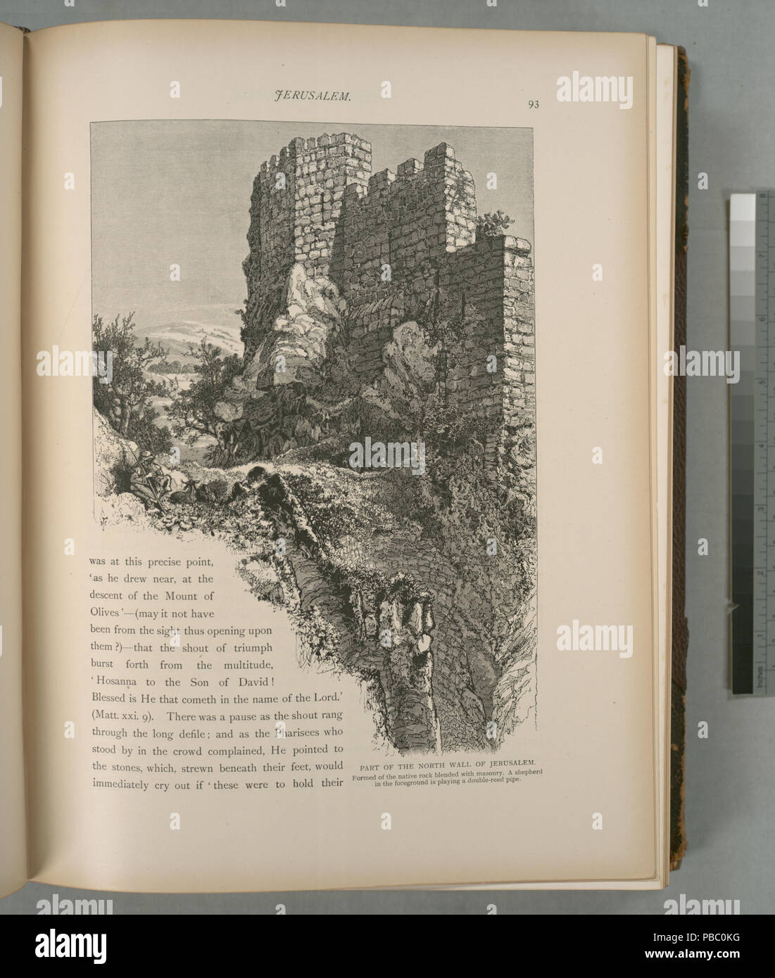 1170 parte del muro a nord di Gerusalemme, formati nativi di rock miscelato con muratura. Un pastore in primo piano è la riproduzione di un doppio tubo reed (NYPL b10607452-80312) Foto Stock