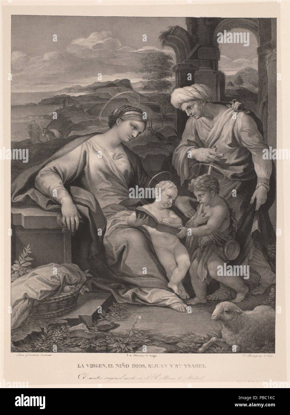 José de Madrazo y Agudo; reale Litográfico Establecimiento de Madrid; Cayetano Rodríguez -litografo- (Dopo Luca Giordano) / "La Sacra Famiglia". 1829 - 1832. Acquatinta litografica, matita litografica, stampa su japon, Raschiatore su carta intessuta. Museo : Museo del Prado di Madrid, España. Foto Stock