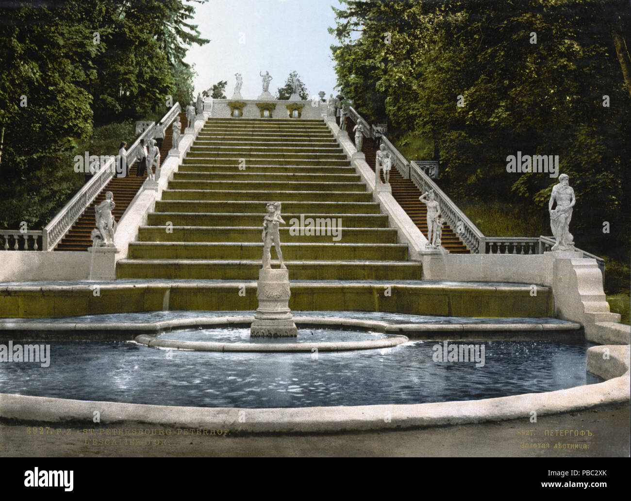 . Inglese: "Golden stair' cascata in Peterhof (San Pietroburgo, Russia). Xix secolo stampa photochrome (1890-1900) ???????: ?????? "??????? ?????" ? ????????? (?????-???????????????). ??????? ?????????????? XIX ???? (1890-1900) . tra 1890 e 1905 1184 Peterhof Golden stair cascata 1890-1900 Foto Stock