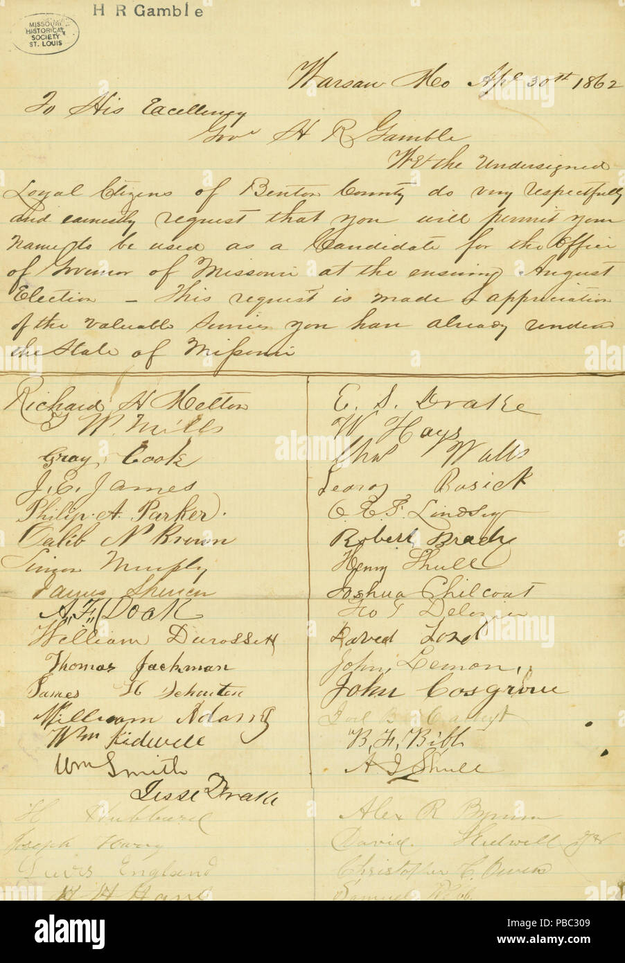 1184 petizione dei cittadini di Benton County, Missouri, a Sua Eccellenza il signor Gov. L'H.R. Il gioco d'azzardo, 30 aprile 1862 Foto Stock