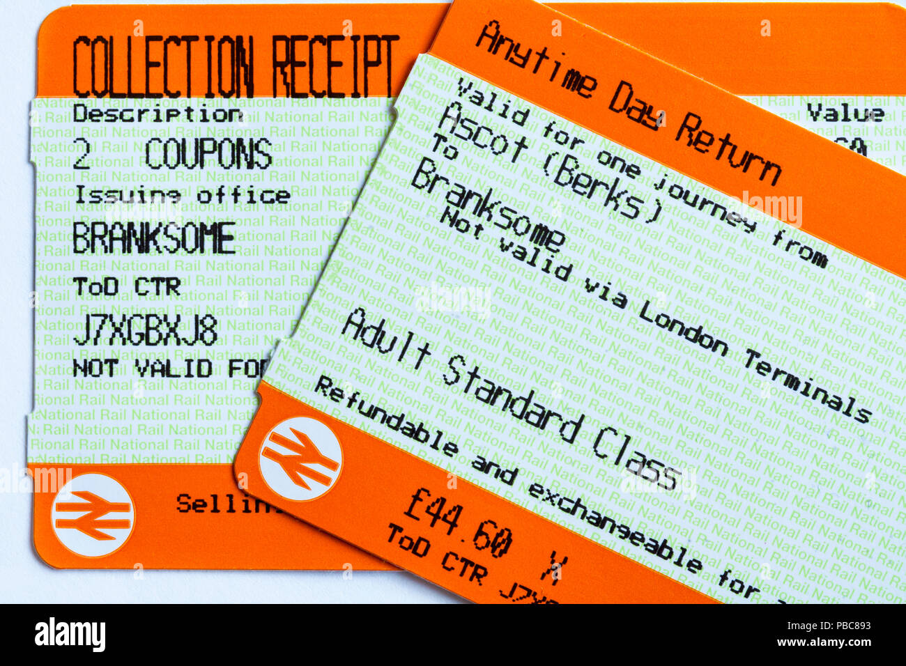 In qualsiasi momento di giorno biglietto del treno di ritorno per i viaggi tra Ascot (Berks) e Branksome con ricevuta di raccolta Foto Stock