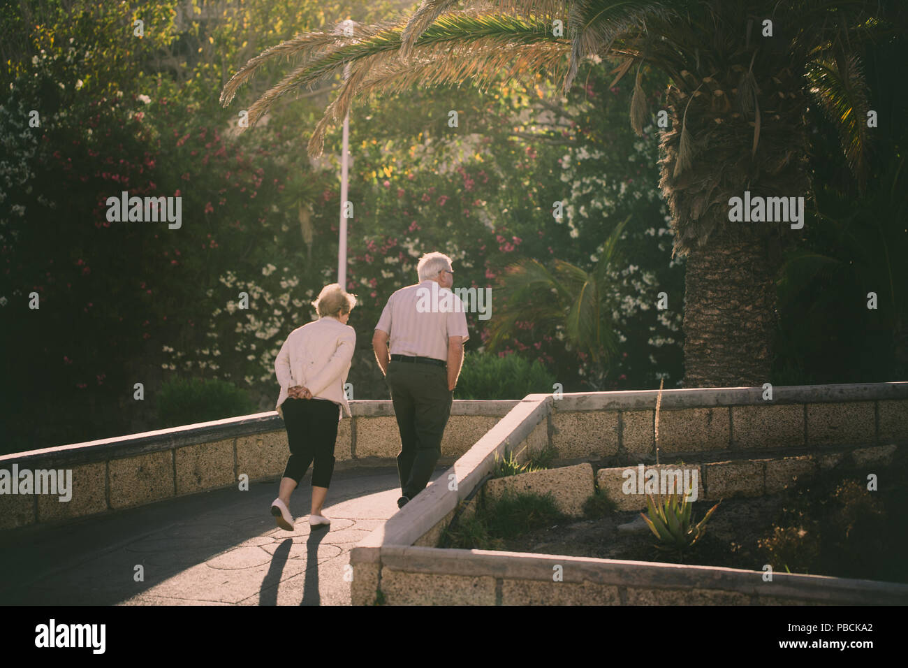 Coppia di anziani camminando sulla passeggiata lungo le palme. Foto Stock