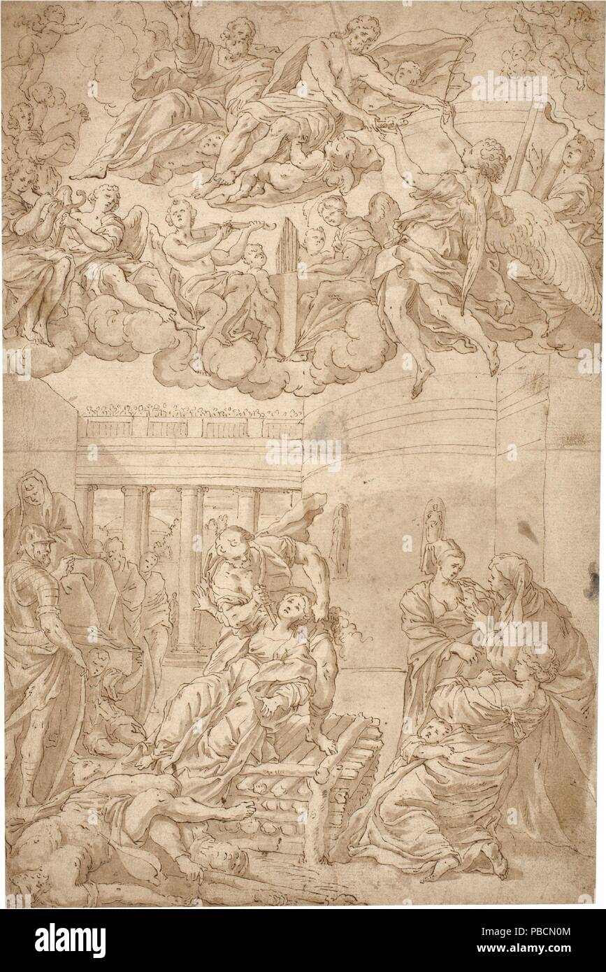 Anonimo / "il Martirio di Santa Agnese'. XVII secolo. Grigio-marrone a lavare a matita su giallo scuro carta. Museo : Museo del Prado di Madrid, España. Foto Stock