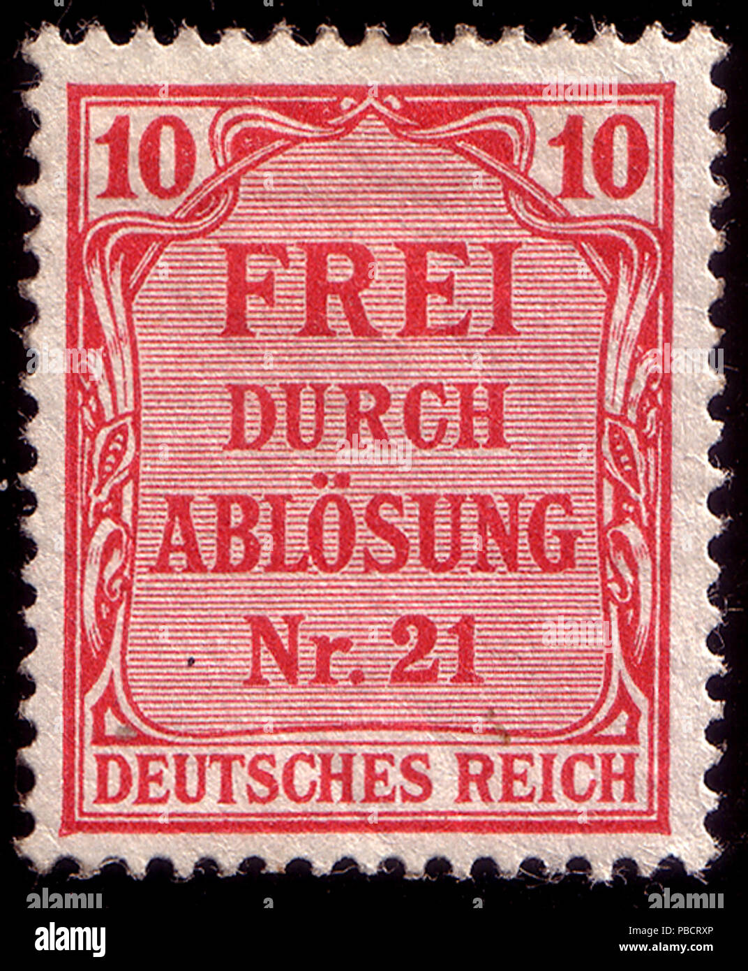 . Inglese: "Frei durch Ablösung": funzionario locale (conteggio delle spese di spedizione) timbro per la Prussia rilasciato dall impero tedesco, 10 pfennig, 1903. "No. 21" si riferisce al distretto di Prussia. Scott #OL4. ???????: ??????? ????????? (??????? ????????????? ??? ????????????????? ?????????? ????????, 10 ?????????, 1903. ???????: "Frei durch Ablösung" - "????????? ????????? ???????????". ??????????? ??? ?????????? ??????. ????? #OL4. 1903; 16 marzo 2008 (originale data di caricamento) 1226 Preussencountingstamp1903 Foto Stock