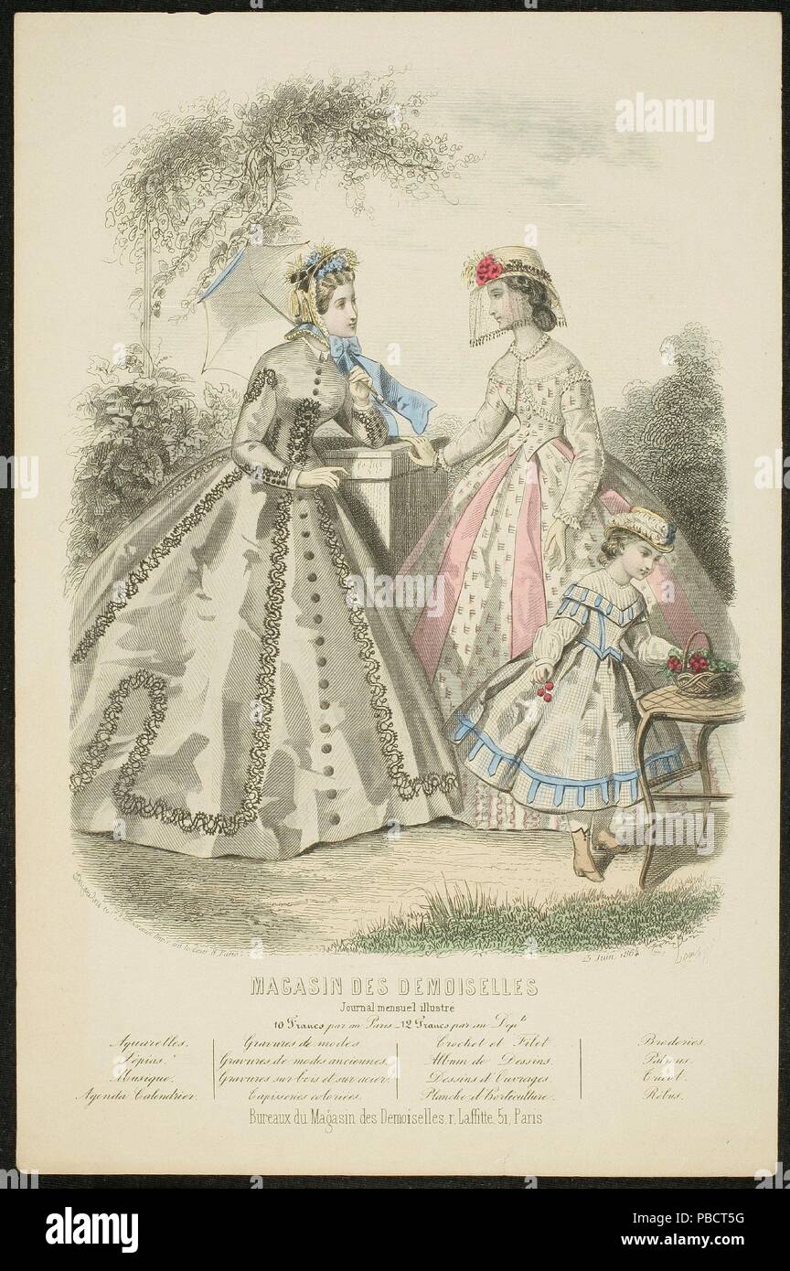 Anaïs Adele Colin Toudouze; J. Desjardins / 'Parigi moda ad'. 1864. La litografia a penna, illuminato su carta intessuta; 1864. La litografia a penna, illuminato su carta intessuta. Museo : Museo del Prado di Madrid, España. Foto Stock