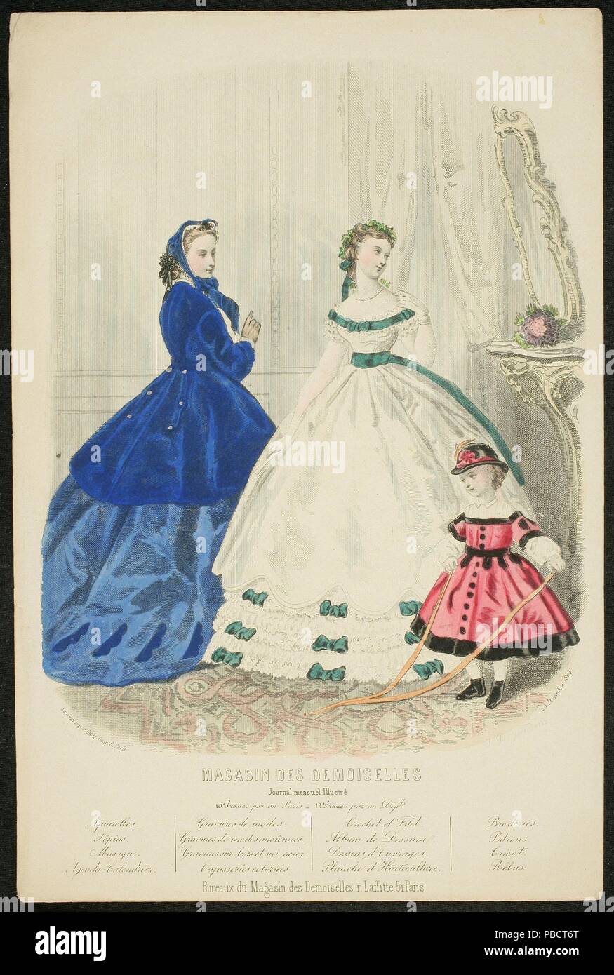 Anaïs Adele Colin Toudouze; J. Desjardins / 'Parigi moda ad'. 1864. La litografia a penna, illuminato su carta intessuta; 1864. La litografia a penna, illuminato su carta intessuta. Museo : Museo del Prado di Madrid, España. Foto Stock