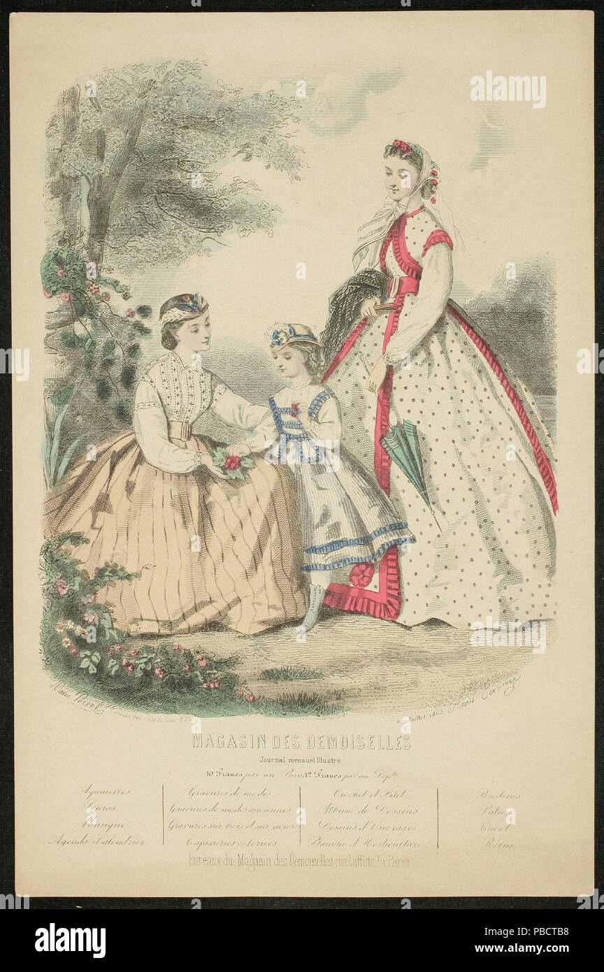 Anaïs Adele Colin Toudouze; Marie Préval / 'Parigi moda ad'. 1865. La litografia a penna, illuminato su carta intessuta; 1865. La litografia a penna, illuminato su carta intessuta. Museo : Museo del Prado di Madrid, España. Foto Stock